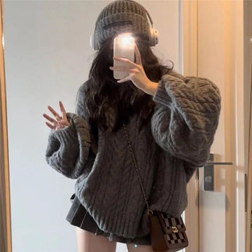 Getadme New Retro Solid Color Oversized Sweater Fashion Grey Loose V-Neck Sweater Women Korean Style Casual Simple Pullover